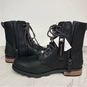 New! Sorel Emelie Black Leather Short Lace Up Boot 8
